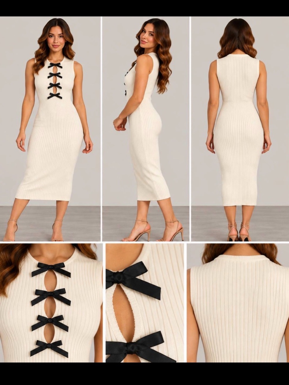 Sleeveless Ivory Ribbed Midi Dress with Black Bow Accents knitted woman size M